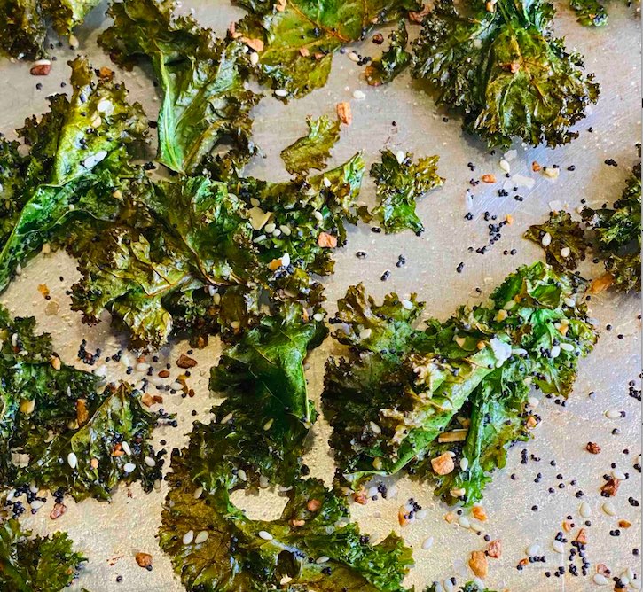 Everything Bagel Kale Chips on Baking Sheet